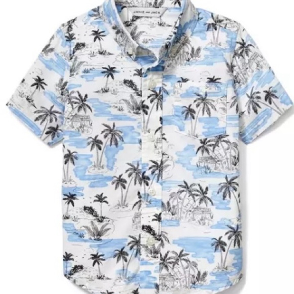 Janie and Jack Blue and White Tropical Print button down shirt cruise Hawaii nwt